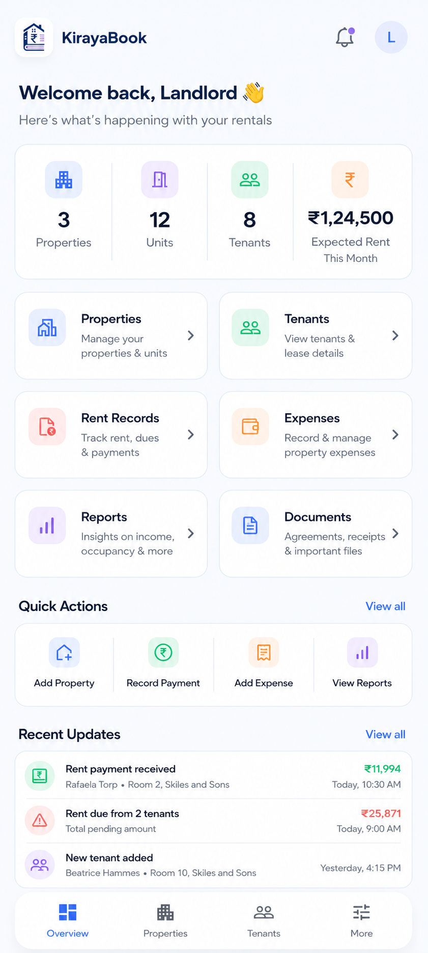 KirayaBook landlord app screen for rental management features built for everyday landlords
